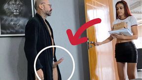 Old man gets surprise delivery with her cock  exposed!
